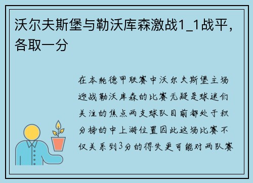 沃尔夫斯堡与勒沃库森激战1_1战平，各取一分
